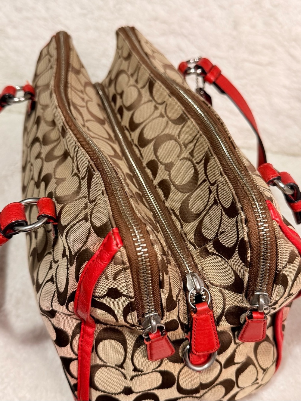 Coach Beige Signature Canvas Satchel with Red Leather Trim - Picture 6 of 16